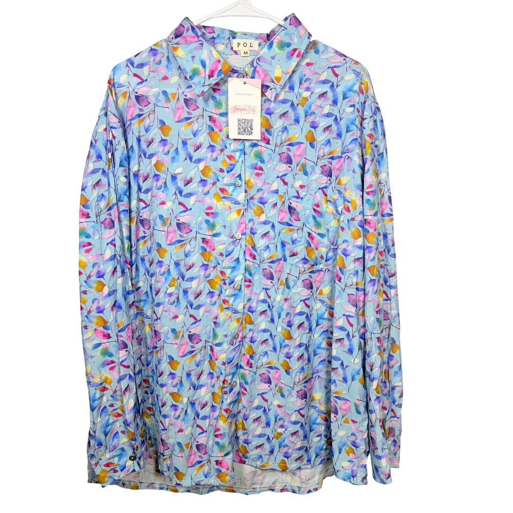 POL Women Long Sleeve Button Down Shirt Medium Blue Floral Leaf Rayon YKT1223